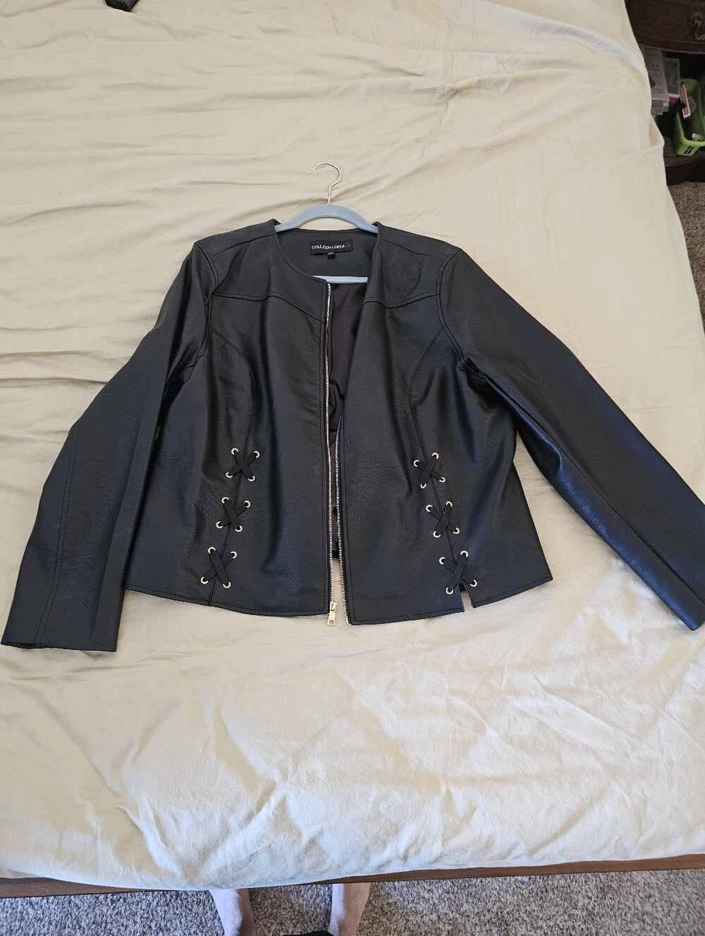Colleen Lopez Black Faux-Leather Women’s Jacket with Red Logo Accent